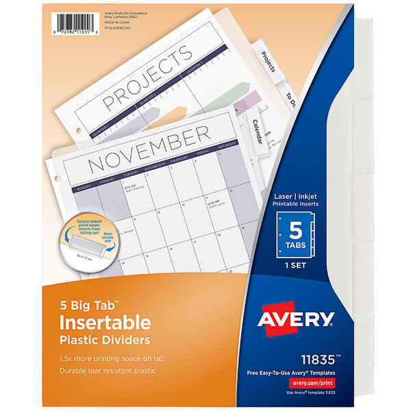 A package of Avery® clear plastic dividers with 5 tabs.