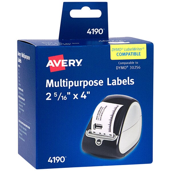 A blue box of white Avery multipurpose labels with a label on it.