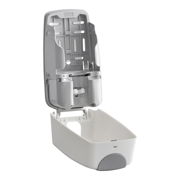 A white touch-free automatic foam hand soap or sanitizer dispenser with an open lid and a 33.8 fl. oz. (1000 mL) capacity.