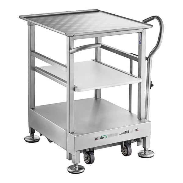 A Deli Pro stainless steel mobile cart with two shelves and wheels.