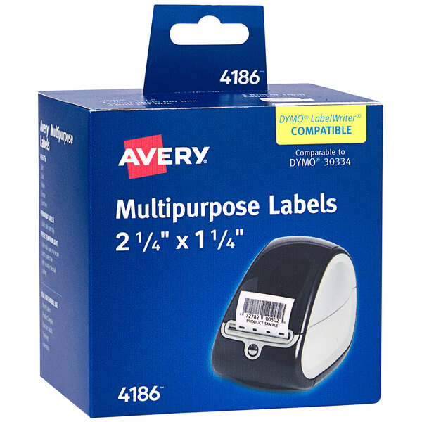 A blue box of Avery white direct thermal labels with a white label on the box.
