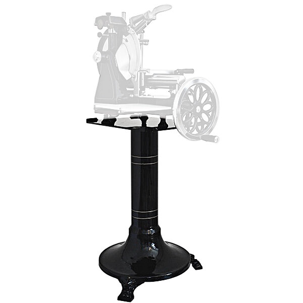 A black metal pedestal stand with a wheel.