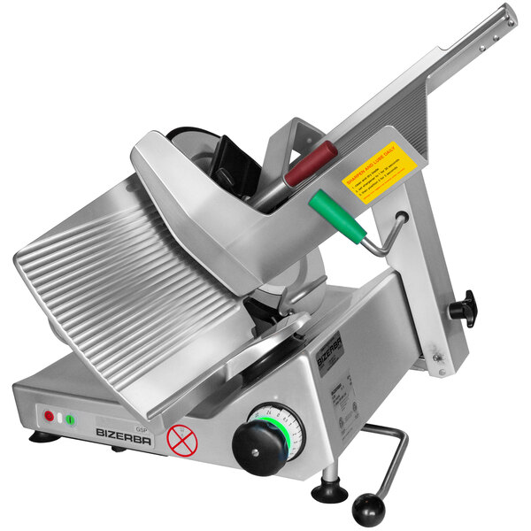 A Bizerba manual meat slicer with a green handle and metal blade.