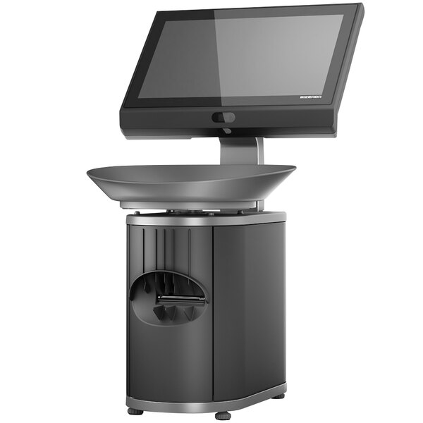 A black Bizerba price computing scale with a white screen.