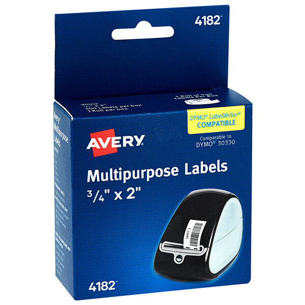 A blue box of white Avery multi-purpose labels with a label on the box.