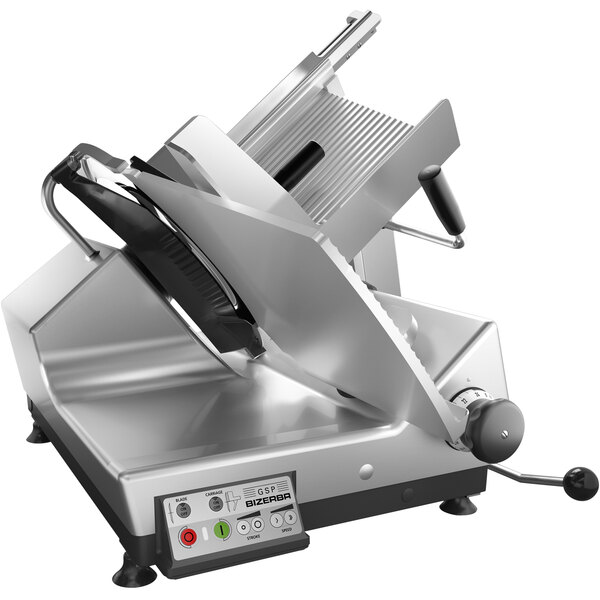 A Bizerba heavy-duty meat slicer with a metal blade.