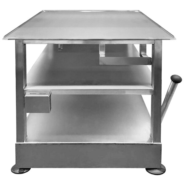 A stainless steel Bizerba equipment stand with two shelves and wheels.