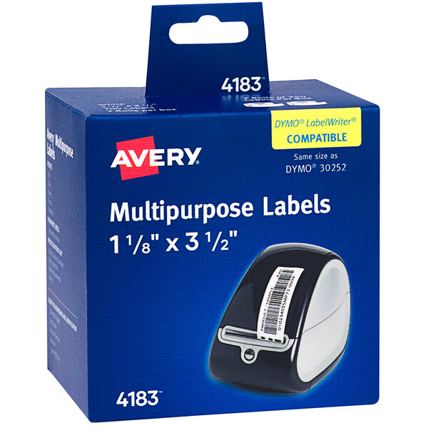 A blue box of white Avery multi-purpose labels with a label sticker on it.