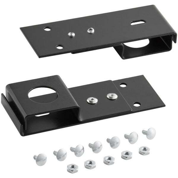 A black metal Regency Space Solutions bracket hardware set with screws and nuts.