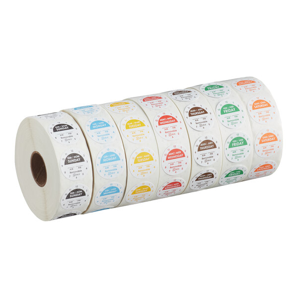 A roll of removable day of the week clock labels for Thursday, with 1,000 labels per roll.