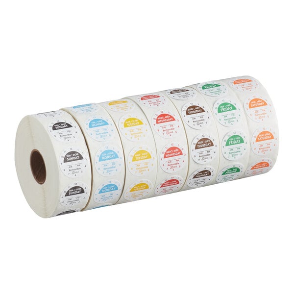 A roll of removable day of the week clock labels, each labeled for Friday, with 1,000 labels per roll.