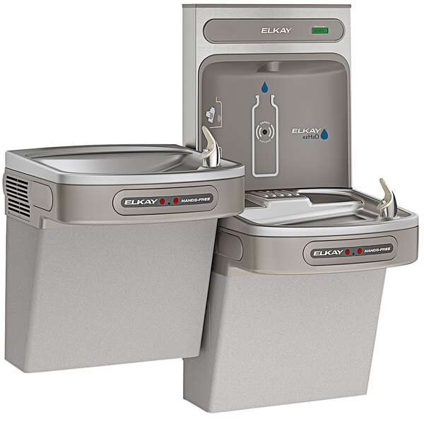 An Elkay light gray chilled dual hands-free water bottle filling station and drinking fountain.