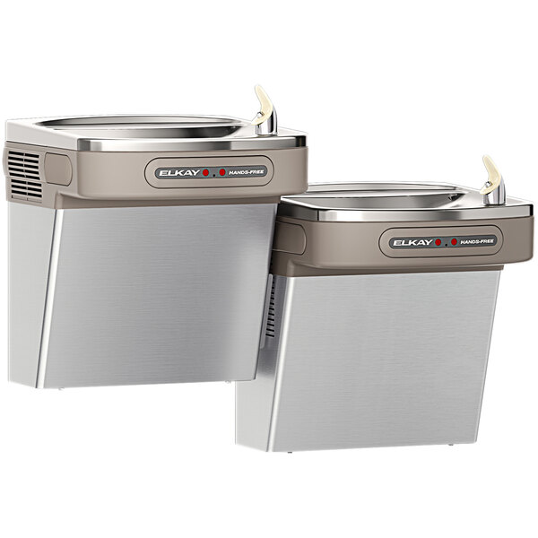 An Elkay stainless steel bi-level wall mount drinking fountain with two water dispensers.