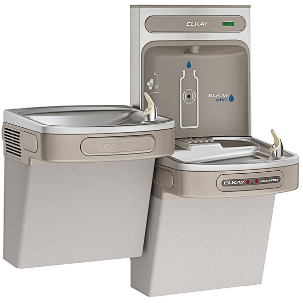 An Elkay light gray bi-level water fountain with a drink dispenser and sink.