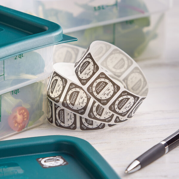 A plastic container of Noble Products Sunday Dissolvable Day of the Week clock labels on a professional kitchen counter.