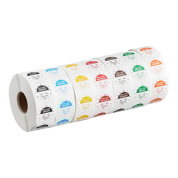 A roll of Noble Products permanent day of the week clock labels, each labeled for Wednesday, with 1,000 labels per roll.