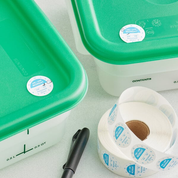 A green plastic container with a roll of Noble Products Monday 1" Permanent Day of the Week Clock labels.