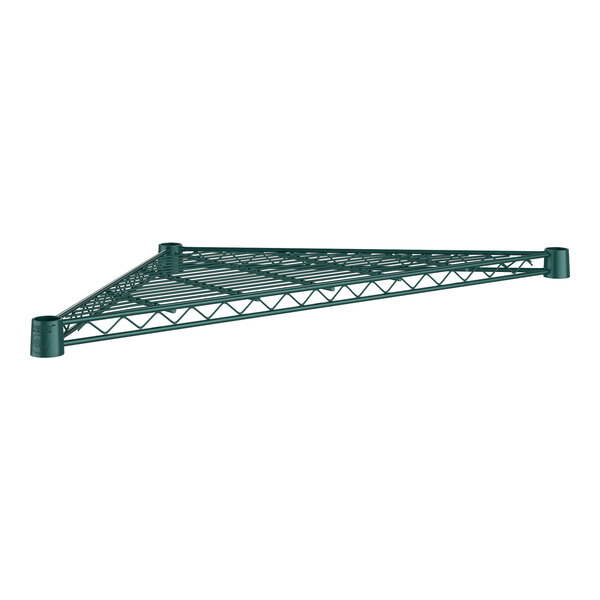 A Regency green metal triangle shelf with metal grate.