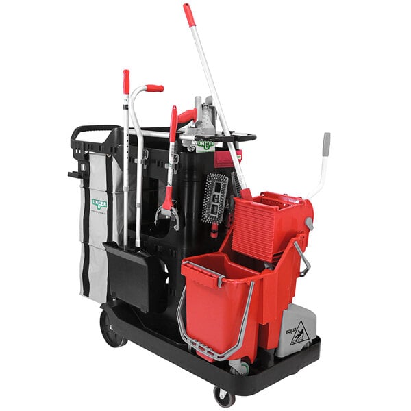 A black and red Unger RestroomRx cleaning cart with a bucket and mop.