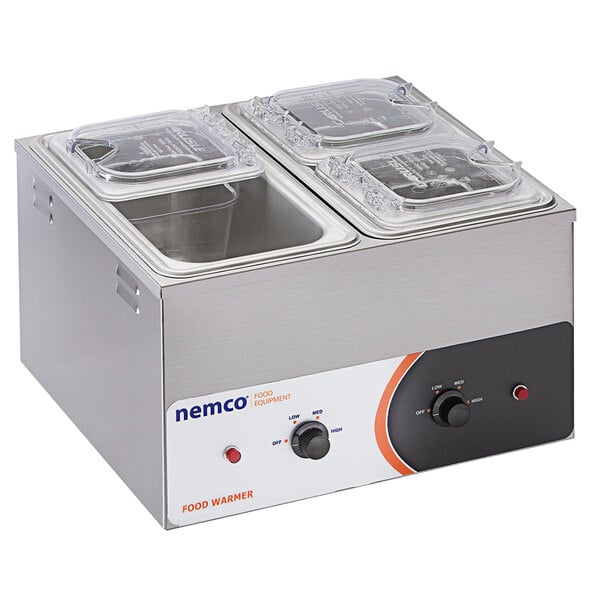 A Nemco countertop food warmer with two trays inside.