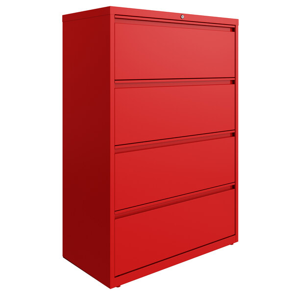 A lava red Hirsh Industries lateral file cabinet with four drawers.