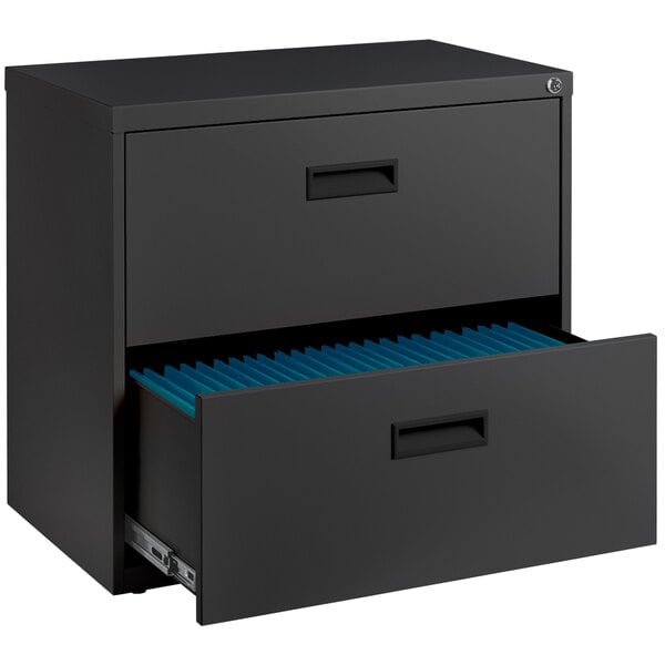 A charcoal Hirsh Industries lateral file cabinet with two drawers.