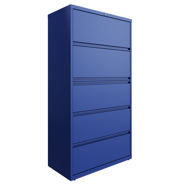 A blue Hirsh Industries lateral file cabinet with drawers.