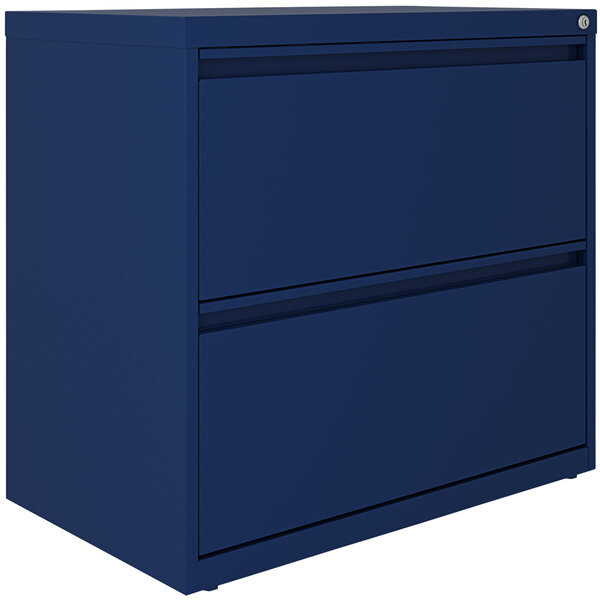 A navy blue Hirsh Industries lateral file cabinet with two drawers.