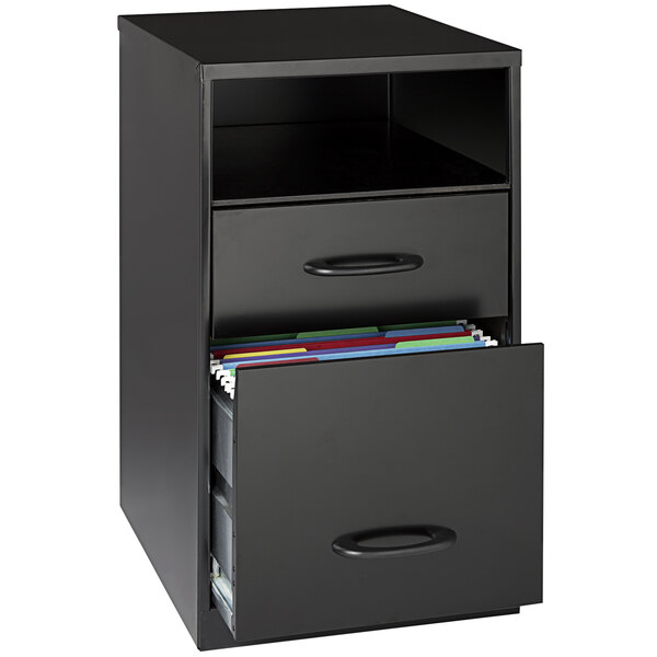 A black Hirsh Industries file cabinet with two drawers, a fixed shelf, and a supply drawer.