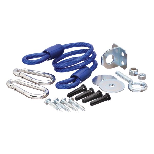 A blue coiled restraining cable and hardware kit for a Dormont gas connector.