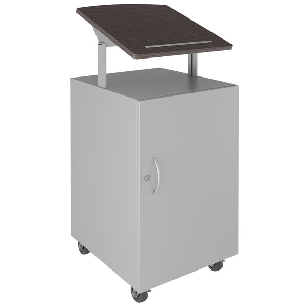 Hirsh Industries 24077 Weathered Charcoal / Arctic Silver Mobile Lectern / Podium with Adjustable Laminate Top and Lockable Storage - 18" x 18" x 50"