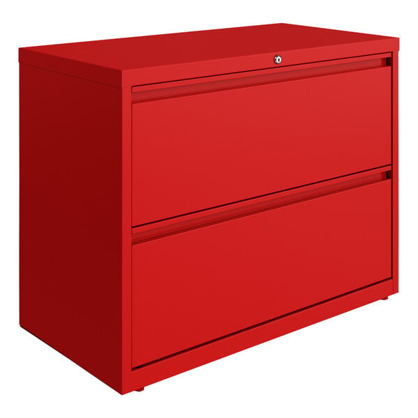 A Hirsh Industries lava red two-drawer lateral file cabinet.