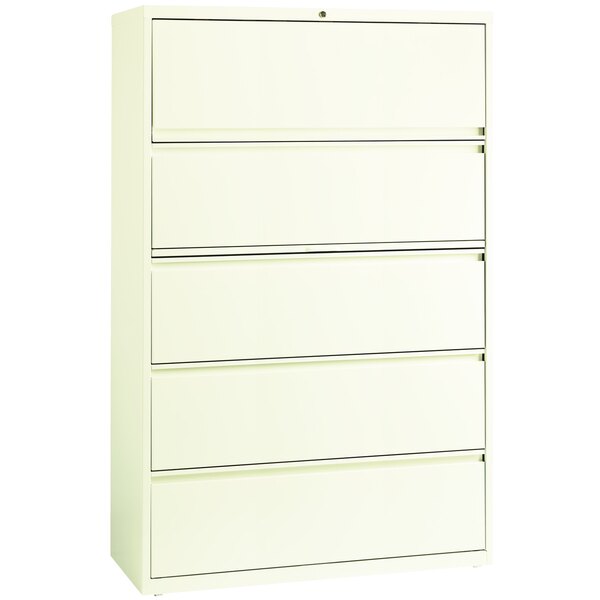 A white Hirsh Industries lateral file cabinet with five drawers and roll-out binder storage.