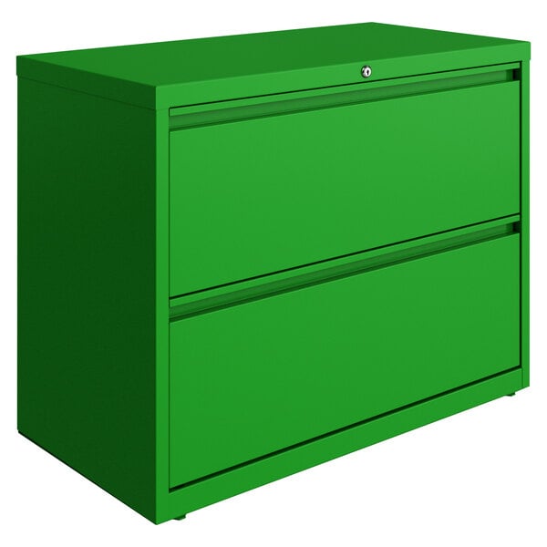 A Hirsh Industries Screamin' Green two-drawer lateral file cabinet with a lock.