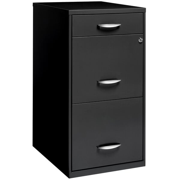 A black file cabinet with silver handles and three drawers.