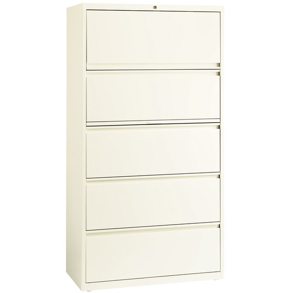 A white Hirsh Industries lateral file cabinet with five drawers.