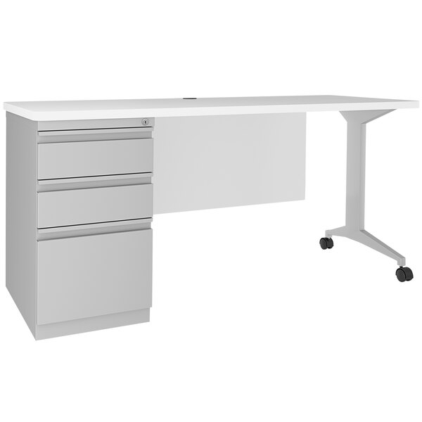 A white Hirsh Industries teacher's desk with a drawer.