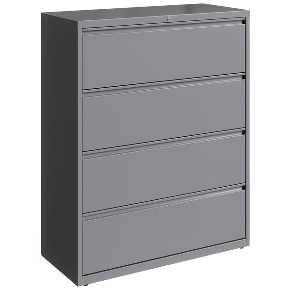 A gray Hirsh Industries lateral filing cabinet with four drawers.