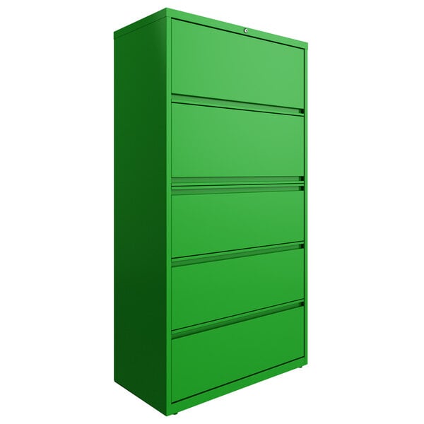 A green Hirsh Industries lateral file cabinet with four drawers and a white top.