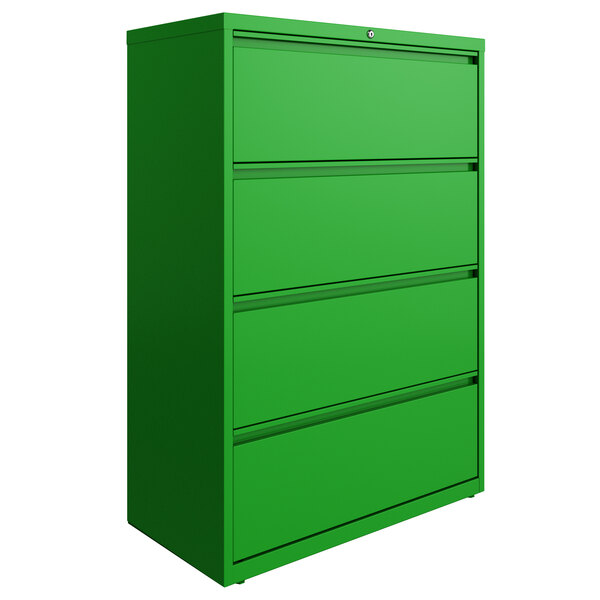 A green Hirsh Industries lateral file cabinet with four drawers.