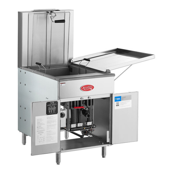 A commercial flat bottom gas fryer designed for making funnel cakes or donuts, with open doors revealing internal components.