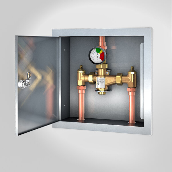 A stainless steel recessed metal box with a Guardian Equipment thermostatic mixing valve, gauge, and pipes.
