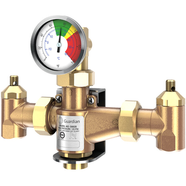 A brass Guardian Equipment thermostatic mixing valve with a pressure gauge.