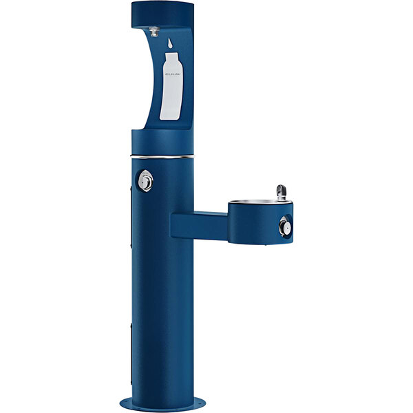 An Elkay blue outdoor water fountain with a water dispenser.