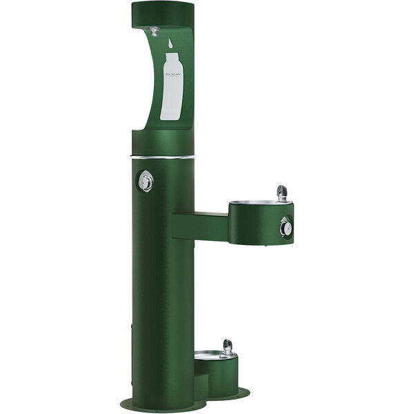 An Elkay green outdoor water fountain with a bottle filler and pet station.