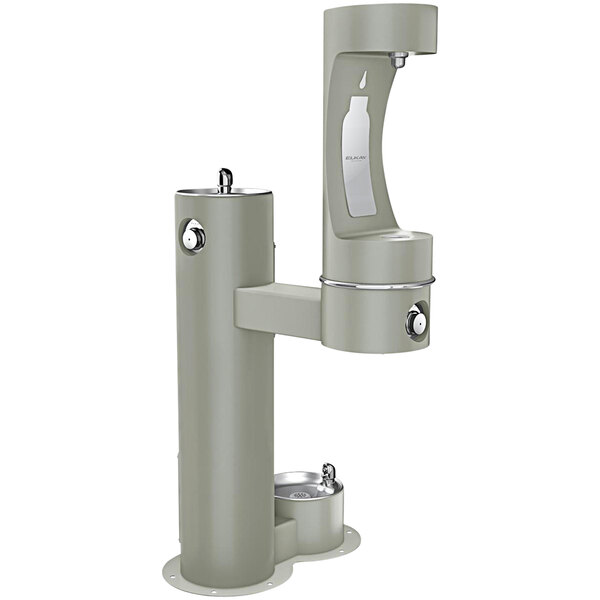 An Elkay gray outdoor bi-level water fountain with a bottle filler and pet station.