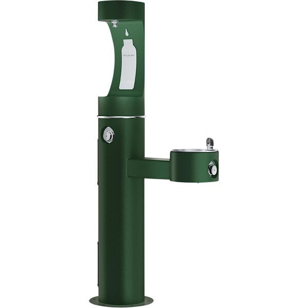 An Elkay Evergreen outdoor water fountain with a pedestal and bottle filler.