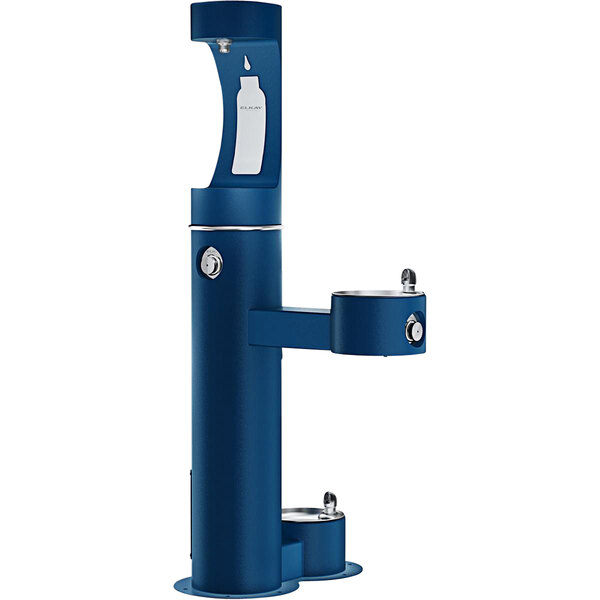 An Elkay blue outdoor water fountain with a bottle filler and pet station.