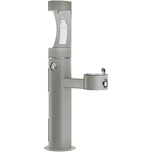 An Elkay gray outdoor water fountain and drinking fountain.