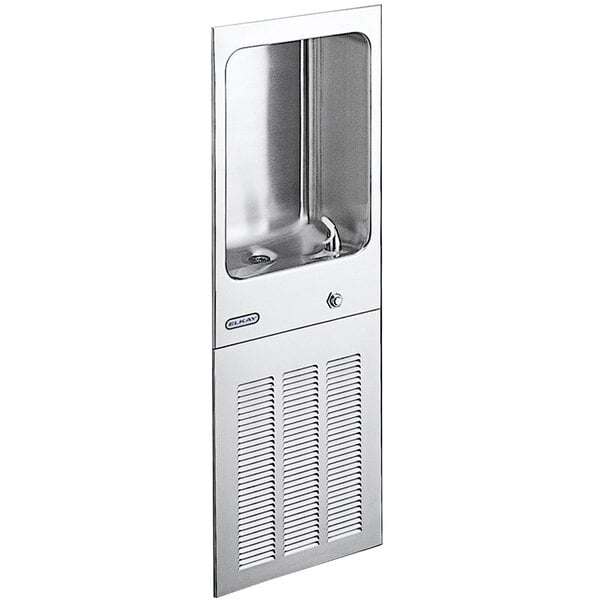 An Elkay stainless steel recessed wall mount drinking fountain.